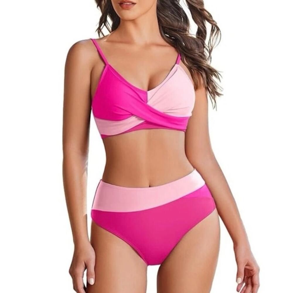 NEW Aimage Pink Colorblock Bikini Set High Waisted Twist Top‎ Two Piece Swimsuit